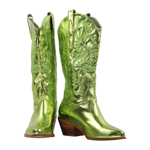 Bota Vaquera de Cuero Plateado Bordado con Diseño Occidental y Tacón Bajo - Product Image 4