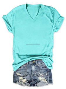 65% viscosa 35% poliéster Casual cuello en V camisetas de manga corta mujeres cuello en V camisetas lisas Camiseta cuello en V - Product Image 3