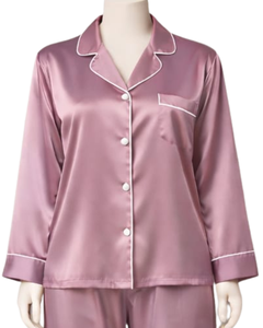 Ensemble de pyjama pour femme en satin rose personnalisé, manches longues, boutonné, style soie, vêtements de nuit, ensemble confortable en deux pièces - Product Image 2
