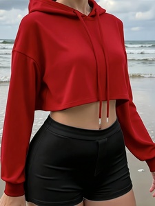 เสื้อฮู้ดครอปผู้หญิง สีพื้น แขนยาว ผ้าถัก ผ้าฝ้าย ใส่ได้ในฤดูใบไม้ร่วง สีแดง สไตล์ลำลอง - Product Image 3