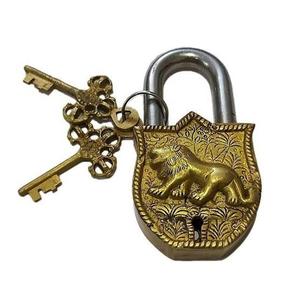 Handcrafted Brass <b>Padlock</b> Door Lock with Tiger Engraved Design Fully Functional Vintage Brass Lock with 2 Keys - Product Image 1