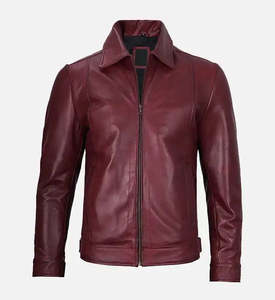Veste en cuir de mouton véritable de qualité supérieure pour hommes, rouge vin, coupe ajustée, style motard, décontractée, classique, avec fermeture éclair - Product Image 4