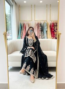 Robe Anarkali noire brodée à manches longues, longueur ras du sol, avec dupatta, tenue de mariage traditionnelle indienne et pakistanaise pour femmes - Product Image 4