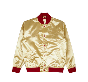 Veste universitaire en satin doré pour homme avec bordure rouge, boutons sur le devant, style décontracté, veste bomber de style universitaire, vêtement d'automne - Product Image 1