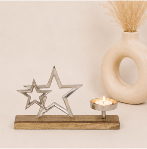 Handcrafted Silver Metal Double Star Candle Holder on Natural Mango Wood Base Modern Aluminium Celestial Tealight <b>Stand</b> On Sale - Product Image 2