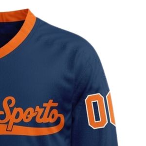Maillot de hockey sur glace sublimé pour hommes, bleu marine et orange, col en V, rayé, en polyester, pour l'entraînement et les matchs, uniforme d'équipe - Product Image 4