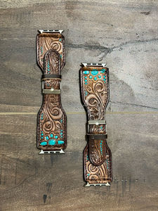 Handmade Custom Design Western Floral Tooled & Painted Leather Beautiful <b>Turquoise</b> Flare Watch Band Genuine Leather Watch Straps - Product Image 4