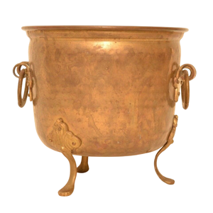 Pot de fleurs vintage en laiton avec figurines chinoises sculptées à la main, poignées en tête de lion et jardinière en cuivre martelé avec poignée en cuivre - Product Image 5