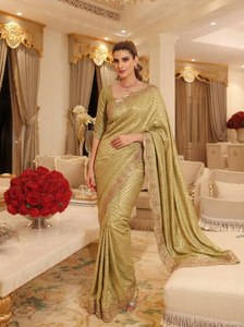 Elegant Olive <b>Green</b> <b>Silk</b> Saree With Embroidered Border Wedding Formal Wear For Women India Pakistan Style - Product Image 2