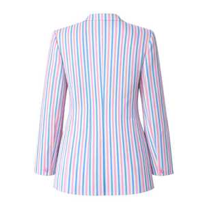 Blazer rayé JJoa pour femme, rayures roses et bleues, blazer avec patch brodé, blazer élégant et formel pour un usage décontracté - Product Image 2