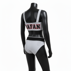 Conjunto de bikini para mujer de nailon y spandex de alta elasticidad, gris, blanco, negro, con paneles en contraste, banda jacquard y logotipo personalizado. - Product Image 5