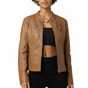 เสื้อแจ็คเก็ตหนังแกะคุณภาพสูงสำหรับผู้หญิง ระบายอากาศได้ดี รุ่นใหม่ สไตล์ลำลอง ซิปหน้าบุด้วยผ้าฝ้าย มีบริการ OEM - Product Image 1