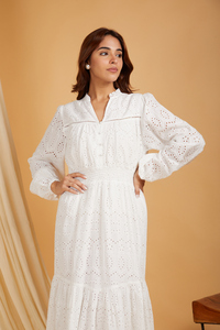 Custom Summer White Eyelet Embroidered Midi <b>Dress</b> V-Neck Puff Sleeve Smocked Waist Tiered Hem Cotton Boho Casual <b>Dress</b> For Women - Product Image 3
