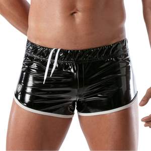 Mini-short extensible respirant noir en cuir avec dentelle, coupe ajustée, pour homme, style fétiche, clubwear, soirée - Product Image 3