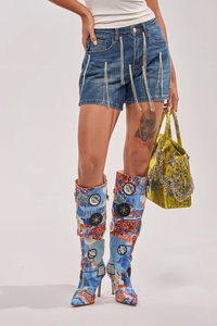 Shorts en jean taille haute pour homme avec franges et patchs, style patchwork décontracté en toile délavée à braguette boutonnée - Product Image 6