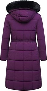 Abrigo Largo Acolchado de Invierno para Mujer con Capucha de Piel, Cierre de Botones, Morado, Grueso, Cálido, Manga Larga, Color Sólido - Product Image 2