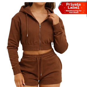 Women's 2 Piece Hooded <b>Crop</b> <b>Top</b> & <b>Shorts</b> Set Solid Brown Casual Spring Summer Knitted Cotton Outfit Full Sleeve Zipper Design - Product Image 1