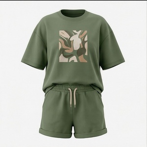 Conjunto informal verde oliva de 2 piezas para mujer, camiseta de manga corta con estampado geométrico y pantalones cortos por encima de la rodilla, corte holgado, primavera y verano - Product Image 1