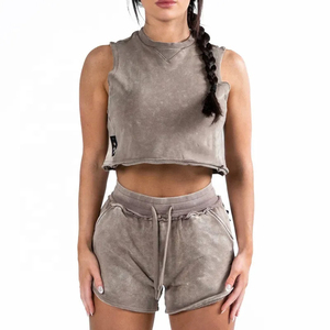 Women Acid Wash Crop Top and Shorts <b>Set</b> Sleeveless <b>Two</b> <b>Piece</b> Casual <b>Lounge</b> Wear Gray Knitted Cotton Spandex - Product Image 1