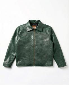 Blouson Bomber en Cuir Vert Prêt à Expédier pour Homme, Imprimé Croco Exotique Gaufré, Logo Avant, Style Vintage Hiver de Luxe - Product Image 3