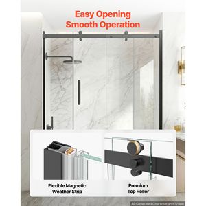 Porte de douche coulissante semi-cadre 60" L x 60" H noire avec verre trempé transparent 5/16" - Product Image 6