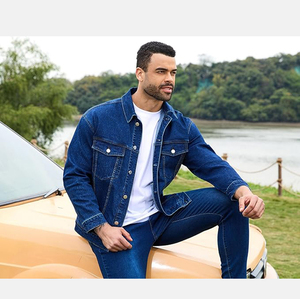 Veste en jean bleu classique pour homme, col rabattu décontracté, boutons sur le devant, couleur unie, coton lavé, coupe classique, style automne - Product Image 6