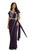 Sari morado listo para usar con blusa bordada, talla M, elegante, tradicional indio, para fiestas de verano/invierno, que absorbe la humedad, corte ajustado.