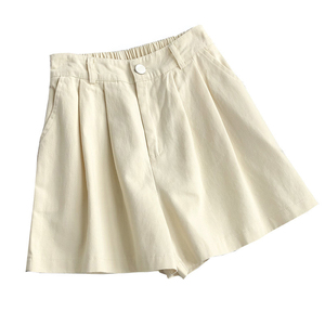 Jupe courte plissée en coton taille haute pour femme, couleur unie, décontractée, avec fermeture boutonnée et taille élastique - Product Image 1
