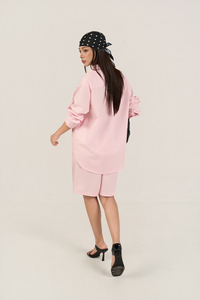 Conjunto de 2 Piezas para Mujer, Camisa de Popelina 100% Algodón, Prelavada con Enzimas, Transpirable, Largo por Encima de la Rodilla, Manga Larga, Estilo Casual, y Pantalones Cortos Bermuda - Product Image 5