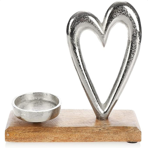 Christmas Candle Holder with Decorative Heart Figure Candle Holder Made of Nickel-Plated Aluminium with Mango Wood Base - Product Image 2