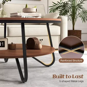 Mesa de Centro Redonda de Madera de 2 Niveles con Estructura Metálica Resistente Estilo Mid-Century, con Estante Abierto para Almacenamiento, Estilo Rústico para Sala de Estar u Oficina - Product Image 6