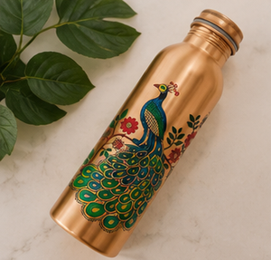 Peacock Printed <b>Copper</b> Water <b>Bottle</b> Traditional Indian Art Design Pure <b>Copper</b> <b>Drinking</b> <b>Bottle</b> Handmade Ayurvedic Health <b>Bottle</b> - Product Image 1