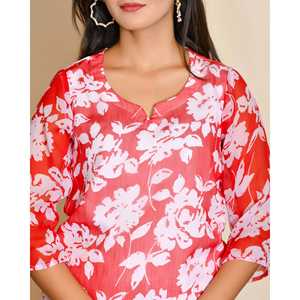 Conjunto Casual de Verano para Mujer con Estampado Floral en Rojo Cereza, Suave y Elegante, Manga Tres Cuartos - Product Image 1
