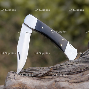UA Supplies Industrial Grade High Polish Carbon Steel Back <b>Lock</b> Folding Pocket Knife Bull Horn Handle Leather Pouch Knives - Product Image 3
