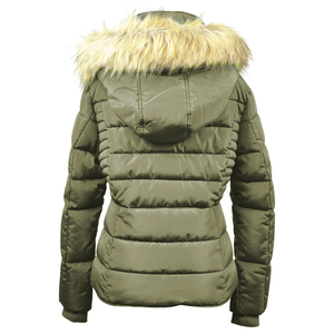 Abrigo de punto verde oliva para mujer, relleno de poliéster, con capucha de piel sintética, cierre de cremallera, manga larga, cálido, estilo casual para invierno - Product Image 5