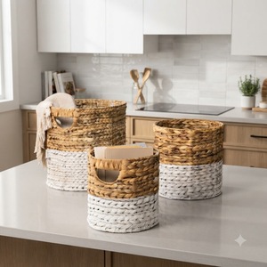 Natural Water Hyacinth Basket Handwoven Handmade Eco Friendly Woven Storage Basket Home Organizer Wholesale Supplier - Product Image 4