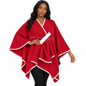Cosh International Sorority Sisterhood Red Asymmetric <b>Poncho</b> With White Trim V-Neck Belt Closure Full Sleeve Long Sweater - Product Image 3