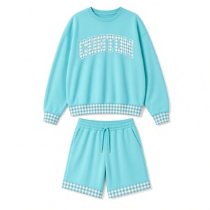 Ensemble deux pièces personnalisé à bordure écossaise en molleton doux de coton, tenue décontractée assortie (sweat-shirt et short) – Vente en gros OEM ODM - Product Image 2
