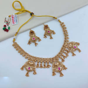 American Diamond <b>Bridal</b> Necklace <b>Set</b> with Zircon and Imitation Pearl Gold Plated Wedding <b>Jewelry</b> - Product Image 1