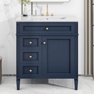 Modern 30\" <b>Bathroom</b> <b>Vanity</b> with Top Sink Single Sink <b>Bathroom</b> Van & 2 Drawers Stylish 2-Paneled Storage Cabinet Tip-Open Drawer - Product Image 2