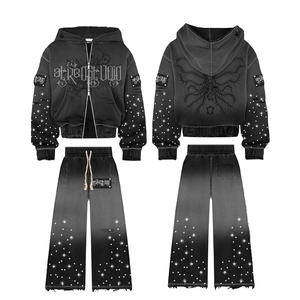 Fully CustomizedTracksuit Set Full Length Zipper Front Letter Print Breathable Loose Fit with Rhinestones Trendy Tracksuits - Product Image 2