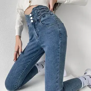 Jeans Ajustados Estilo Y2K con Cuatro Botones, Cintura Alta Vintage, Pantalones de Mezclilla Elásticos para Mujer, Pantalones Ajustados 2025 - Product Image 1
