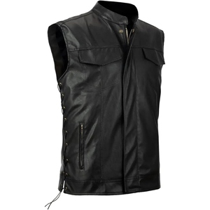Custom <b>Men's</b> Genuine Leather Sleeveless Biker Vest Stand Collar Motorcycle Leather <b>Waistcoat</b> OEM ODM Wholesale Manufacturer - Product Image 1