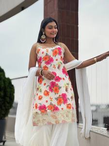 Salwar Kameez Traditionnel pour Femmes en Coton Imprimé Floral Blanc avec Bordure Brodée, Tenue Ethnique Longue, Inde Pakistan - Product Image 3