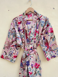 Bata Kimono de Algodón 100% Tejido con Estampado de Dibujos Animados para Mujer, Camisón de Verano Hecho a Mano, Cuello en V, Cintura Elástica, Largo Completo, ODM - Product Image 2