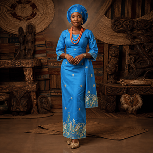 Tela George de Lujo Azul Cielo con Cuentas y Bordado de Cristales Dorados para Vestidos de Novia Nigerianos y Ropa de Fiesta - Product Image 3