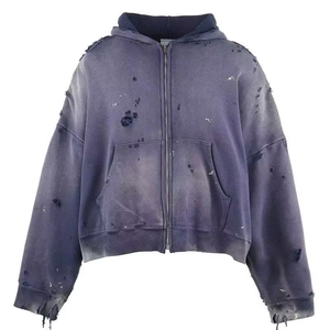 Wholesale Custom Heavyweight Oversized Terry 100% Cotton Streetwear Vintage Acid <b>Wash</b> Print Zipper Distressed Hoodies Men - Product Image 3