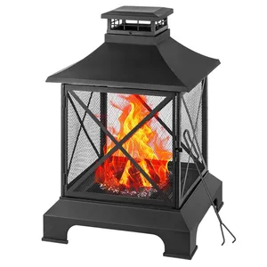 Grande Brasero à Bois de 42 Pouces avec Cheminée, Écran en Maille 360°, Chiminea en Métal Noir, Chauffage d'Extérieur pour Patio et Jardin - Product Image 1