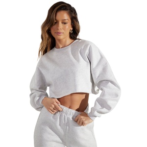 Sweat-shirt court à épaules tombantes en coton écologique pour femme, avec logo personnalisé, couleur unie, grande taille, style urbain, ourlet brut, collection Printemps-Été - Product Image 2