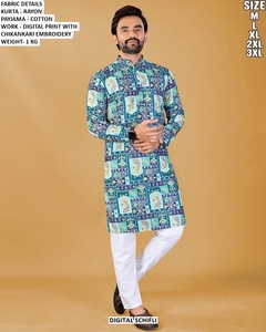 Kurta pour homme à imprimé numérique Chikankari avec pyjama en coton blanc, coupe régulière, longueur cheville, tenue traditionnelle pour toutes les saisons - Product Image 3